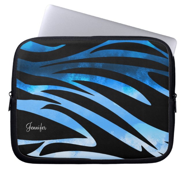 Blue And Black Zebra Striped Pattern Laptop Sleeve (Front)