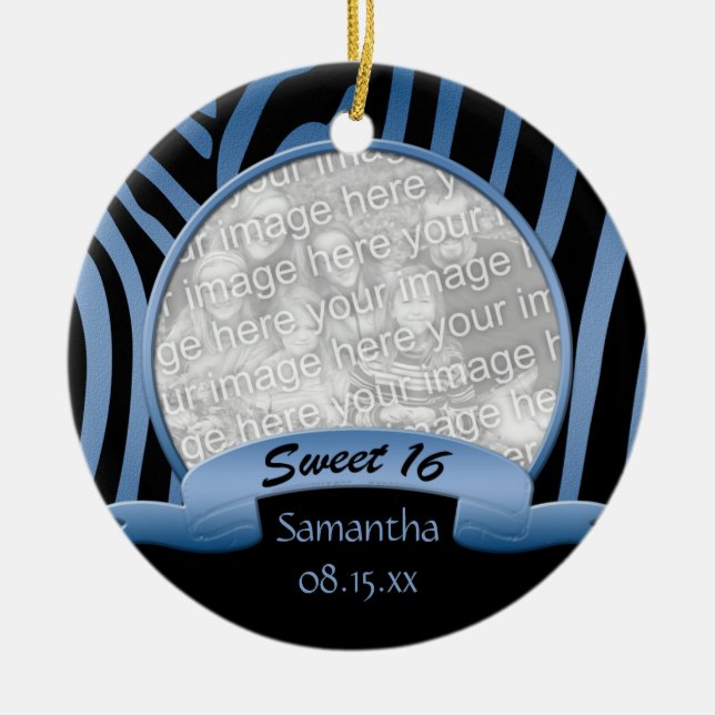 Blue and Black Zebra Sweet 16 Ornament (Front)