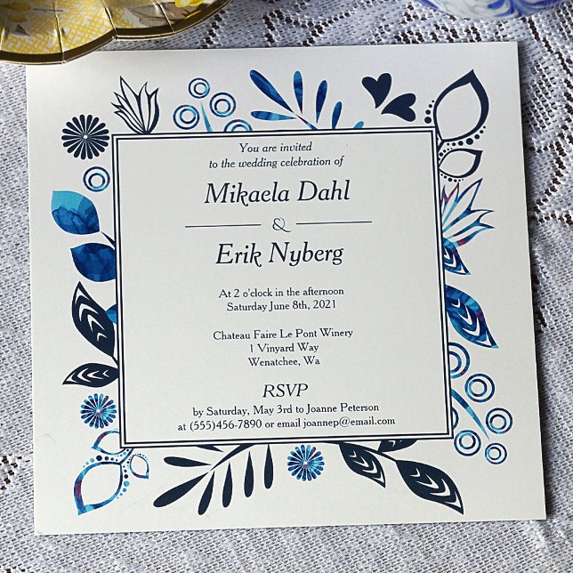 Blue and Blue Grey Leaves Flowers Border Wedding Invitation (Crystal Blue, Blue-gray Floral Border Scandinavian Wedding Invitation w/ Leaves, Flowers, Hearts)