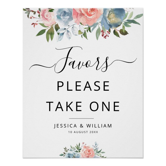 blue and blush flowers Favours sign (Front)