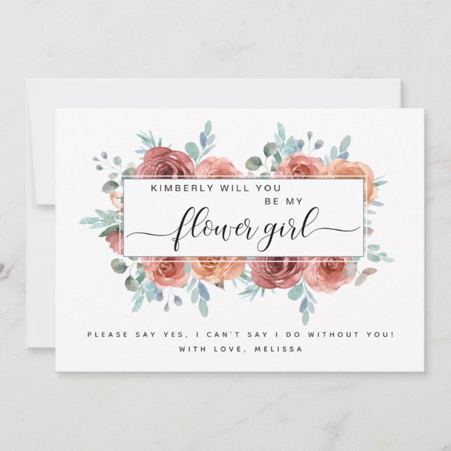 Blue and Blush Peach Floral Be My Flower Girl Card (Front)
