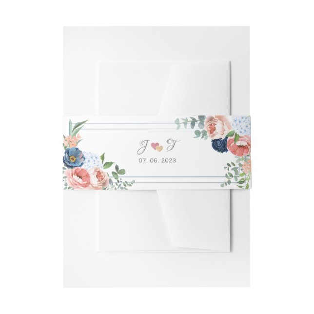 Blue and Blush Roses Invitation Belly Band (Front Example)
