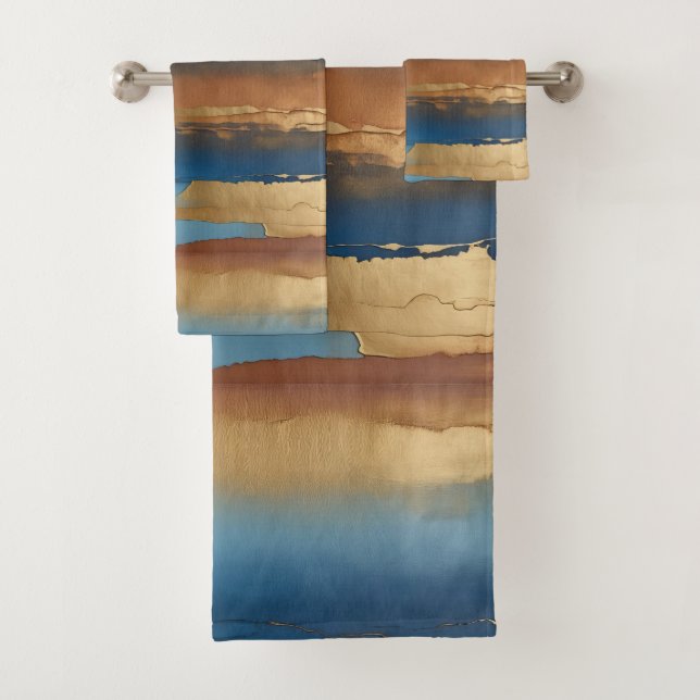 blue and bronze abstract bath towel set (Insitu)
