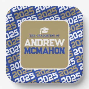 Blue and Bronze Gold Personalized Graduation Paper Plate