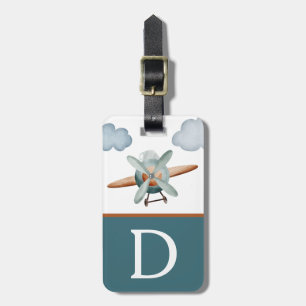 Blue and Brown Airplane Color Block Kid's Initial Luggage Tag