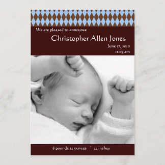 Blue and Brown Argyle Baby Boy Birth Announcement