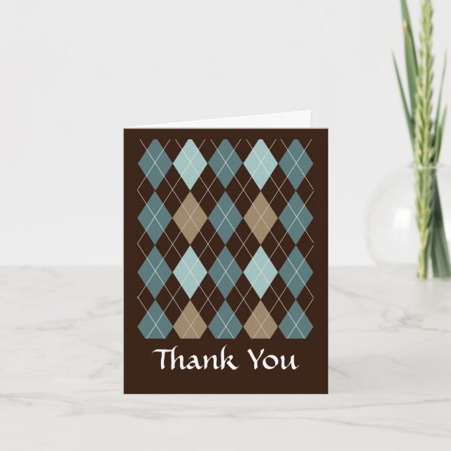 Blue and Brown Argyle Fashion Pattern Thank You Card (Front)