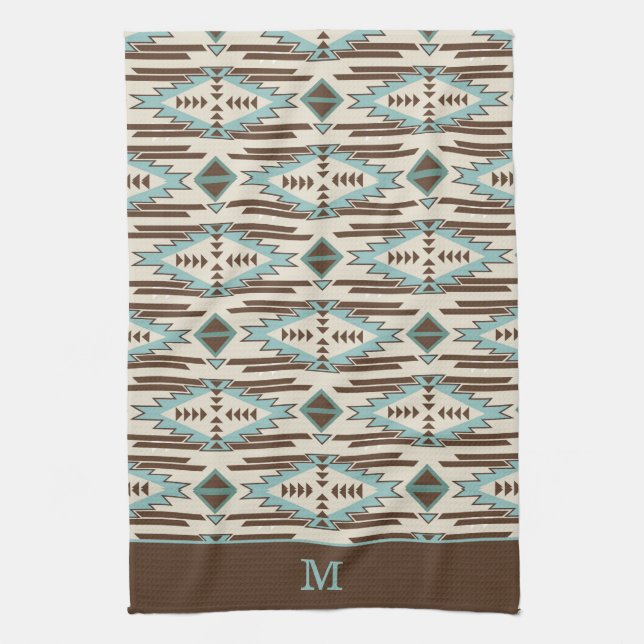 Blue and Brown Aztec Tribal Pattern Monogram Kitchen Towel (Vertical)