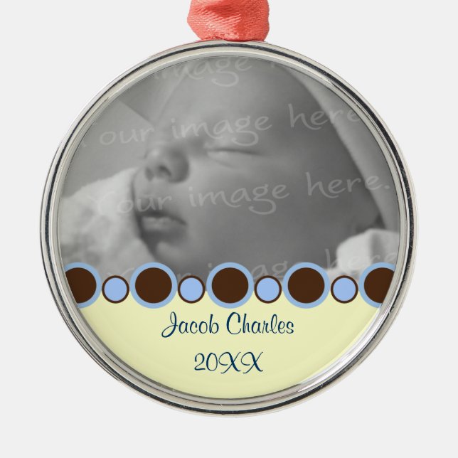 Blue and Brown Border Personalized Photo Ornament (Front)