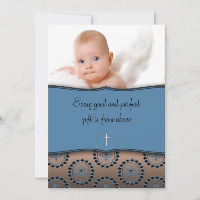 Blue and Brown Boy Photo Christening Invitation (Front)