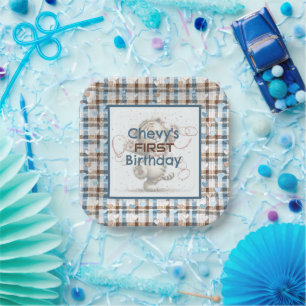 Blue and Brown Chequered Hearts   Paper Plate
