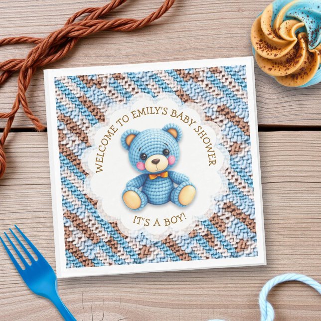 Blue and Brown Crocheted Teddy Bear It's a Boy Napkin (Creator Uploaded)
