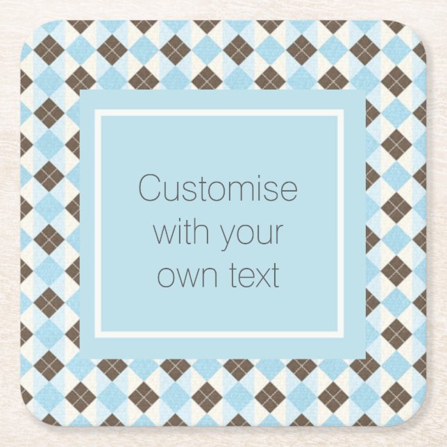 Blue and Brown Custom Text Argyle Pattern Square Paper Coaster (Front)