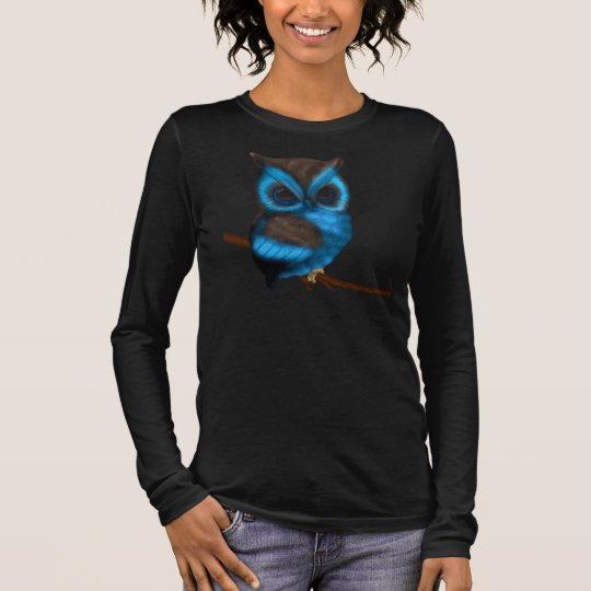 Blue And Brown Cute Owl On Branch Long Sleeve T-Shirt
