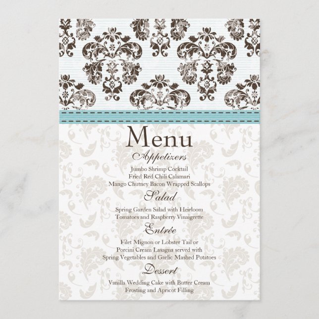 Blue and Brown Damask Wedding Menu Card (Front)