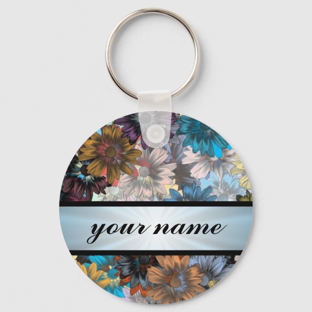 Blue and brown  floral pattern keychain (Front)