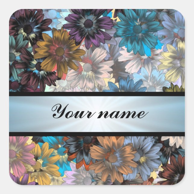 Blue and brown  floral pattern square sticker (Front)