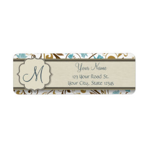 Blue and Brown Floral Vine Pattern with Monogram