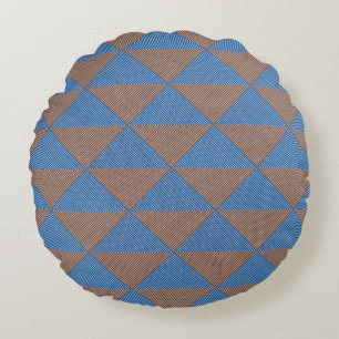 Blue and Brown Geometric Diamond Pattern Modern Round Pillow