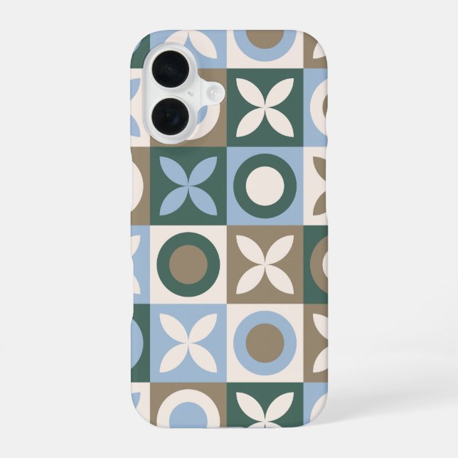Blue and Brown Geometric Tile Mosaic Pattern iPhone 16 Case (Back)