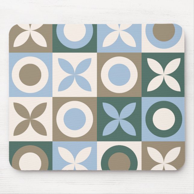 Blue and Brown Geometric Tile Mosaic Pattern Mouse Pad (Front)