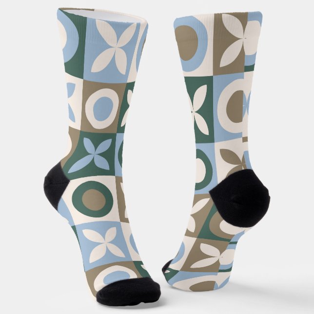 Blue and Brown Geometric Tile Mosaic Pattern Socks (Angled)