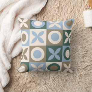 Blue and Brown Geometric Tile Mosaic Pattern Throw Pillow