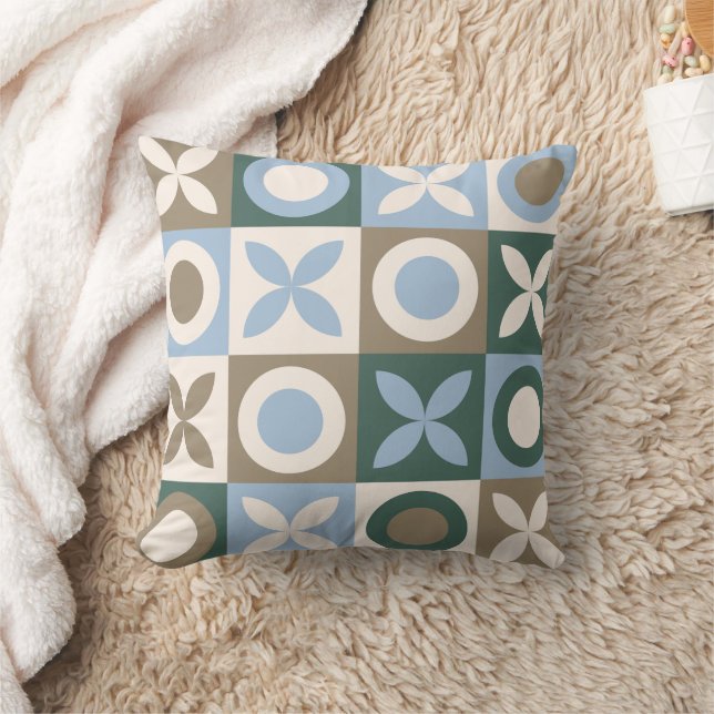 Blue and Brown Geometric Tile Mosaic Pattern Throw Pillow (Blanket)