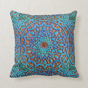 Blue and Brown Moroccan Tile pattern in watercolor Throw Pillow