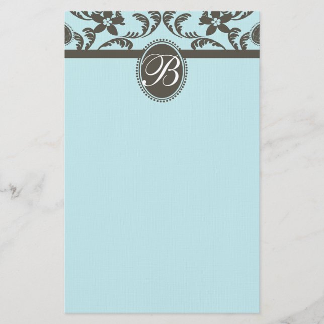Blue and Brown Paisley Floral Monogram Stationery (Front)