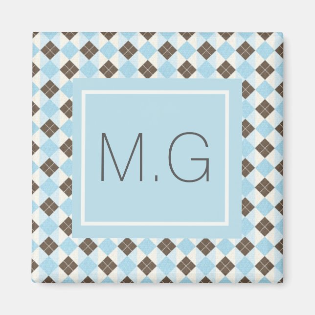 Blue and Brown Personalized Argyle Pattern Magnet (Front)