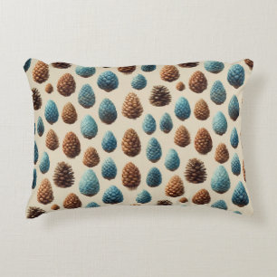 Blue and Brown Pinecone Winter Pattern Accent Pillow