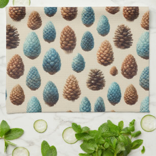 Blue and Brown Pinecone Winter Pattern Kitchen Towel