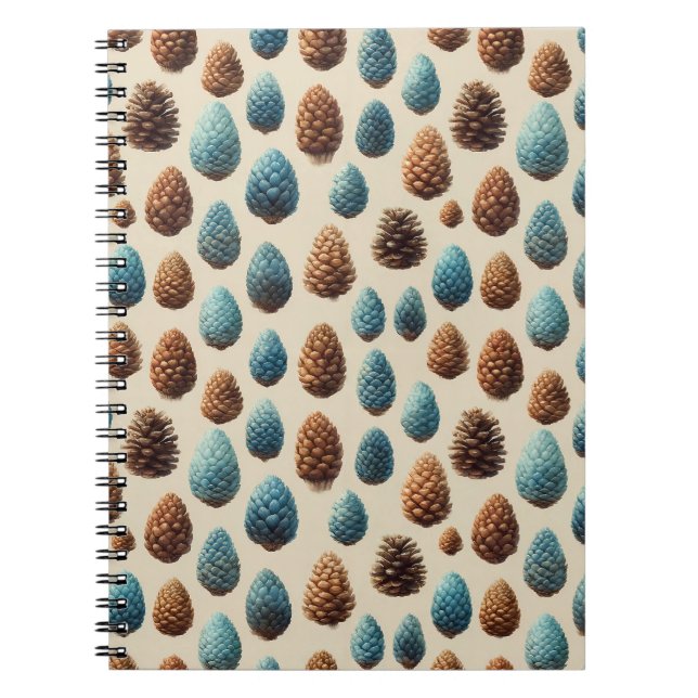Blue and Brown Pinecone Winter Pattern Notebook (Front)