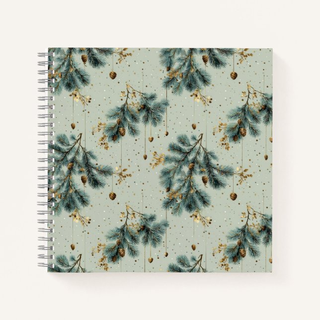 Blue and Brown Pinecone Winter Pattern Notebook (Front)