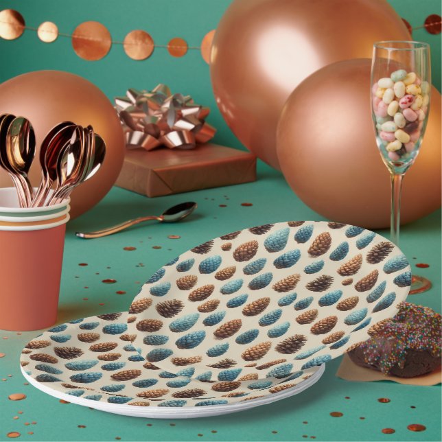 Blue and Brown Pinecone Winter Pattern Paper Plate (Multi)
