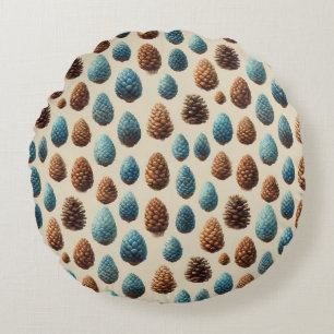 Blue and Brown Pinecone Winter Pattern Round Pillow