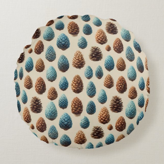 Blue and Brown Pinecone Winter Pattern Round Pillow (Front)
