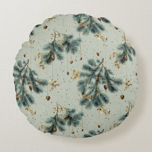 Blue and Brown Pinecone Winter Pattern Round Pillow (Front)