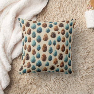 Blue and Brown Pinecone Winter Pattern Throw Pillow