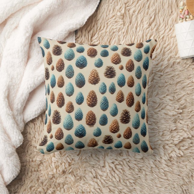 Blue and Brown Pinecone Winter Pattern Throw Pillow (Blanket)