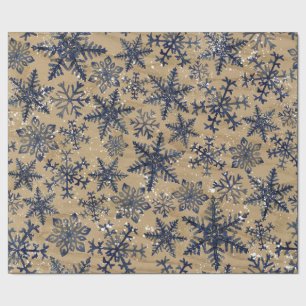 Blue and Brown Rustic Watercolor Snowflake Pattern Wrapping Paper