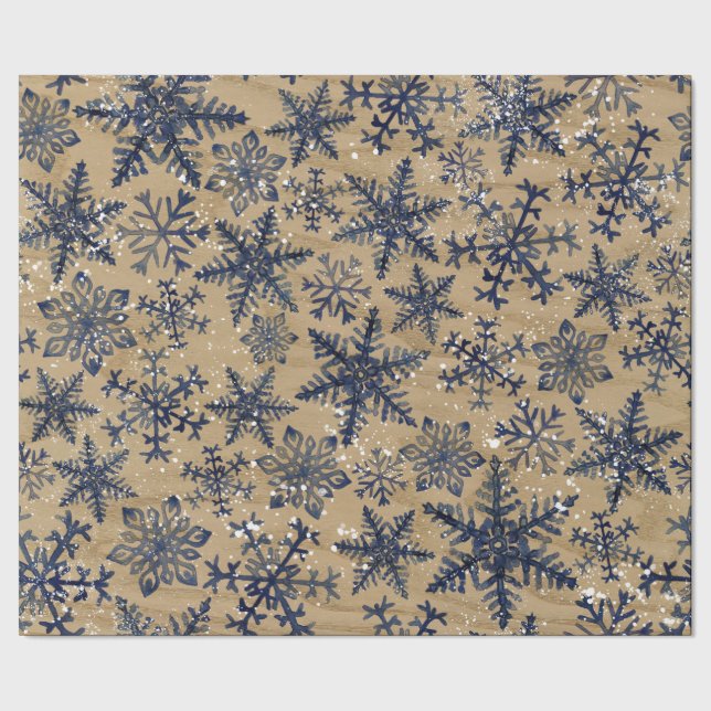 Blue and Brown Rustic Watercolor Snowflake Pattern Wrapping Paper (Seam)