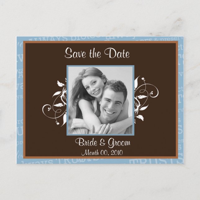 Blue and Brown Save the Date Photo Postcards (Front)