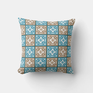 Blue and brown squares pattern throw pillow