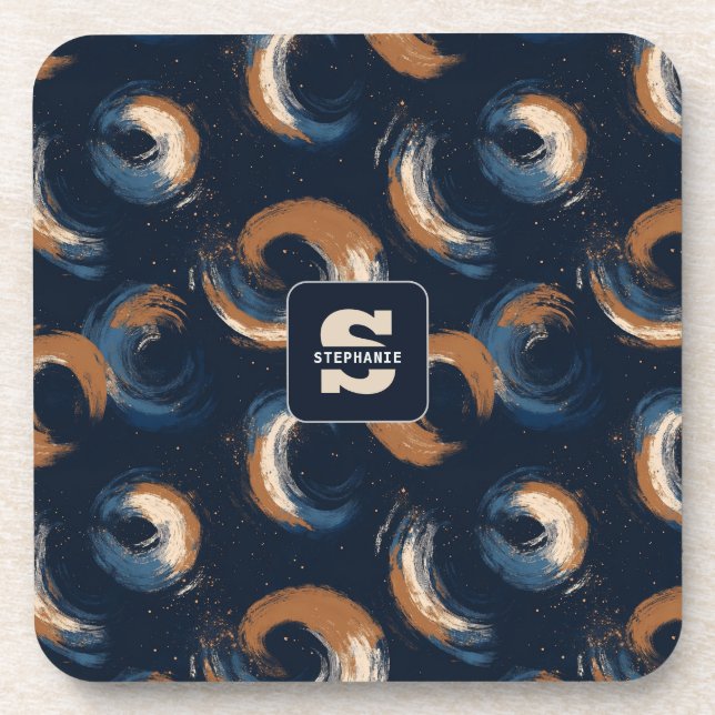 Blue and Brown Swirl Circle on Dark Background Coaster (Front)