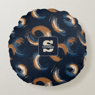 Blue and Brown Swirl Circle on Dark Background Round Pillow