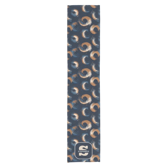 Blue and Brown Swirl Circle on Dark Background Short Table Runner (Front)