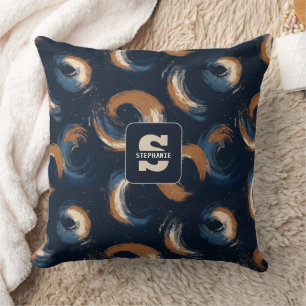 Blue and Brown Swirl Circle on Dark Background Throw Pillow