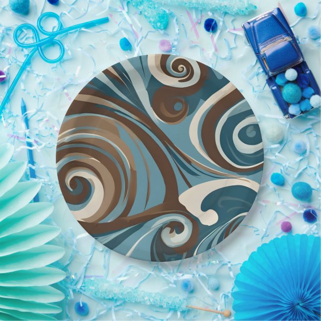 Blue and Brown Swirl Paper Plate (Party)